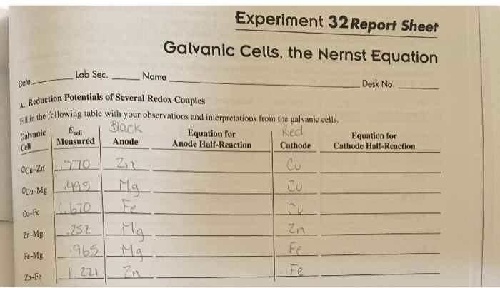 Experiment 32 galvanic cells lab report